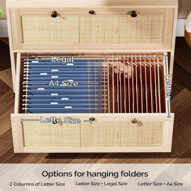 Alt view image 4 of 7 - Wood Rattan 2 Drawer Lateral File Cabinet with Lock Lockable Cabinet with Rustic Metal Handles for Hanging Letter/A4/Legal Folders, Oak, 30W x 16D x 28H