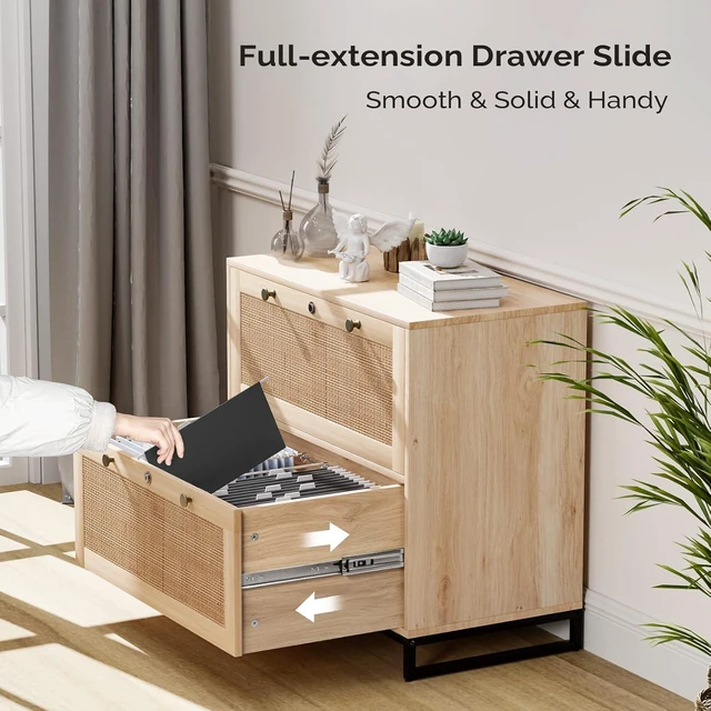 Alt view image 5 of 7 - Wood Rattan 2 Drawer Lateral File Cabinet with Lock Lockable Cabinet with Rustic Metal Handles for Hanging Letter/A4/Legal Folders, Oak, 30W x 16D x 28H