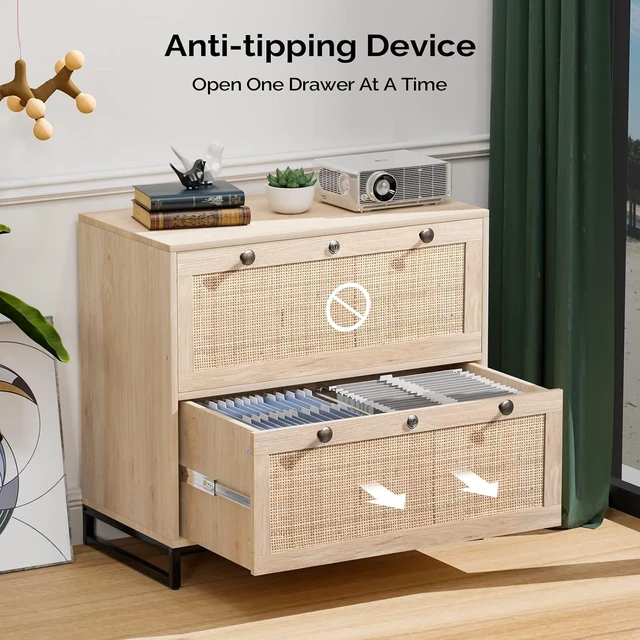 Alt view image 6 of 7 - Wood Rattan 2 Drawer Lateral File Cabinet with Lock Lockable Cabinet with Rustic Metal Handles for Hanging Letter/A4/Legal Folders, Oak, 30W x 16D x 28H