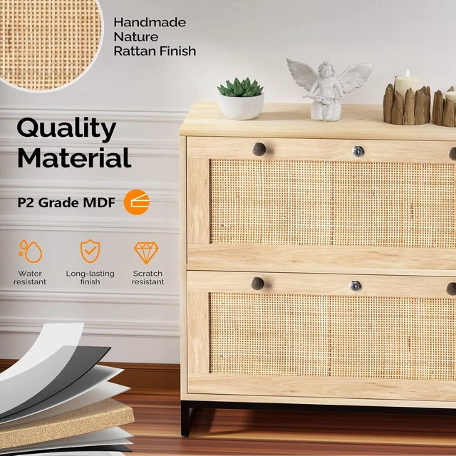 Alt view image 7 of 7 - Wood Rattan 2 Drawer Lateral File Cabinet with Lock Lockable Cabinet with Rustic Metal Handles for Hanging Letter/A4/Legal Folders, Oak, 30W x 16D x 28H