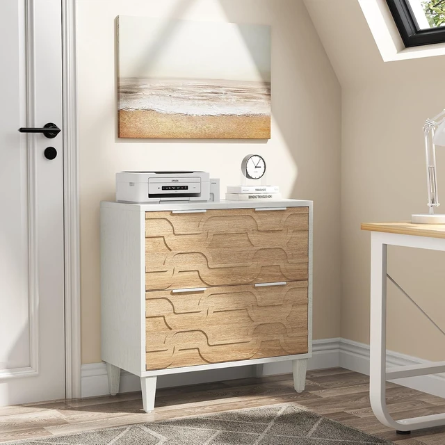 Alt view image 7 of 7 - 2-Drawer Lateral File Cabinet A4/Letter/Legal Office Storage Cabinet & Printer Stand with Storage Drawer, White & Walnut