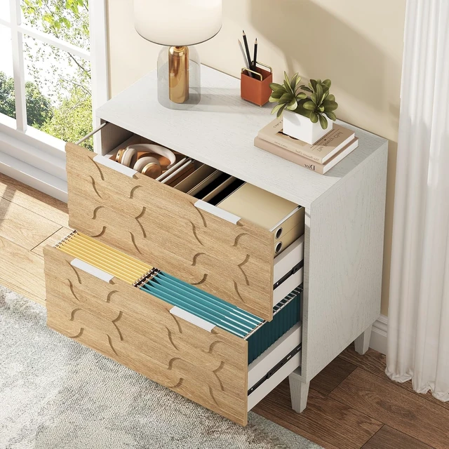Alt view image 3 of 7 - 2-Drawer Lateral File Cabinet A4/Letter/Legal Office Storage Cabinet & Printer Stand with Storage Drawer, White & Walnut