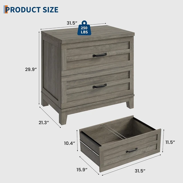 Alt view image 2 of 7 - 2 Drawer Farmhouse Lateral File Cabinet Deep Drawers Fit Legal/Letter/A4 Hanging Files, Wide Storage with Heavy-Duty Frame & Spacious Top, Retro Gray