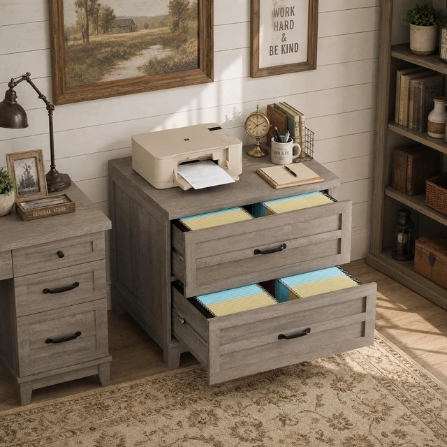 Alt view image 3 of 7 - 2 Drawer Farmhouse Lateral File Cabinet Deep Drawers Fit Legal/Letter/A4 Hanging Files, Wide Storage with Heavy-Duty Frame & Spacious Top, Retro Gray