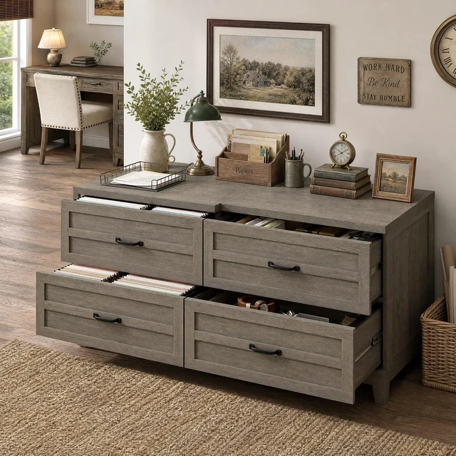Alt view image 4 of 7 - 2 Drawer Farmhouse Lateral File Cabinet Deep Drawers Fit Legal/Letter/A4 Hanging Files, Wide Storage with Heavy-Duty Frame & Spacious Top, Retro Gray