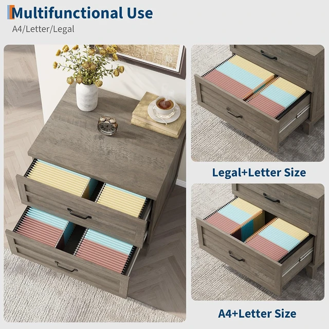 Alt view image 5 of 7 - 2 Drawer Farmhouse Lateral File Cabinet Deep Drawers Fit Legal/Letter/A4 Hanging Files, Wide Storage with Heavy-Duty Frame & Spacious Top, Retro Gray