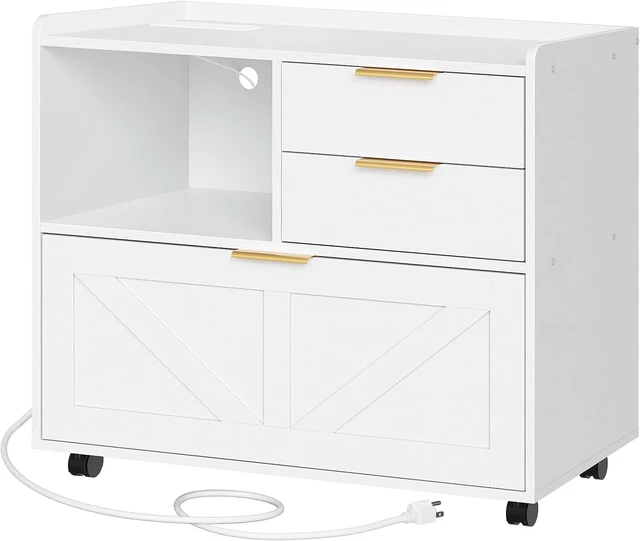 Main image of Lateral Wooden Office File Cabinet Storage Drawers with Charging Station for A4/Letter/Legal Files, Printer Stand with Open Storage, White WT37UWJ01