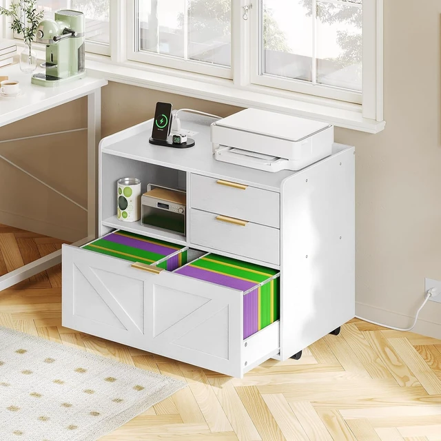 Alt view image 2 of 7 - Lateral Wooden Office File Cabinet Storage Drawers with Charging Station for A4/Letter/Legal Files, Printer Stand with Open Storage, White WT37UWJ01