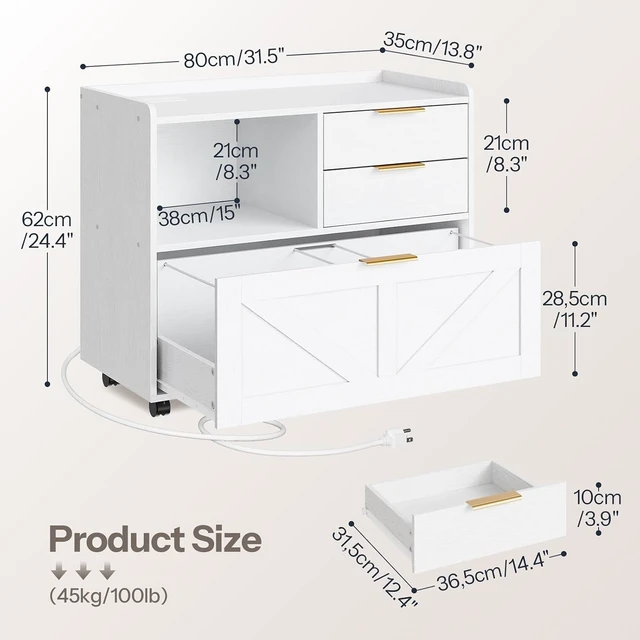Alt view image 3 of 7 - Lateral Wooden Office File Cabinet Storage Drawers with Charging Station for A4/Letter/Legal Files, Printer Stand with Open Storage, White WT37UWJ01