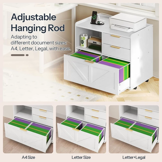 Alt view image 5 of 7 - Lateral Wooden Office File Cabinet Storage Drawers with Charging Station for A4/Letter/Legal Files, Printer Stand with Open Storage, White WT37UWJ01
