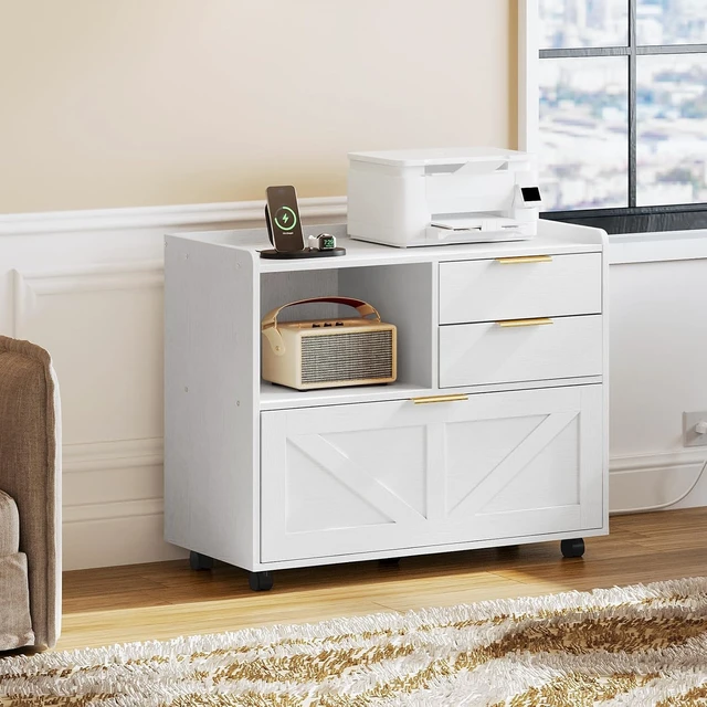 Alt view image 7 of 7 - Lateral Wooden Office File Cabinet Storage Drawers with Charging Station for A4/Letter/Legal Files, Printer Stand with Open Storage, White WT37UWJ01