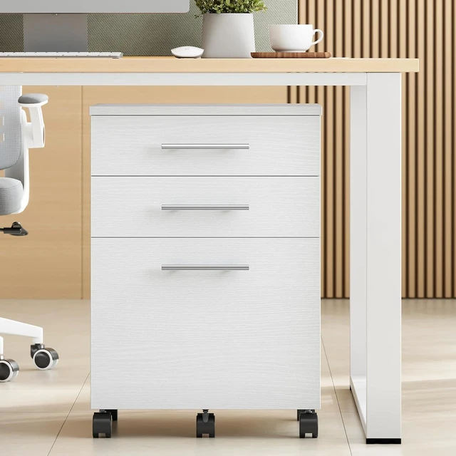 Alt view image 2 of 7 - 3-Drawer Wooden Under Desk File Cabinet Fits A4/Letter Size, Small Rolling Storage Chest & Printer Stand with Drawers, White WW02WJ01G1