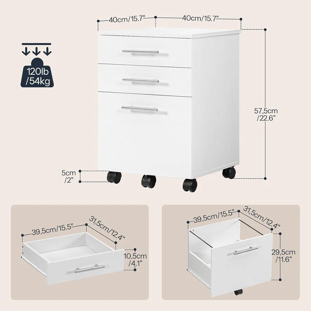 Alt view image 3 of 7 - 3-Drawer Wooden Under Desk File Cabinet Fits A4/Letter Size, Small Rolling Storage Chest & Printer Stand with Drawers, White WW02WJ01G1
