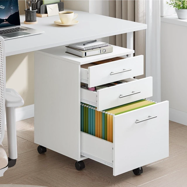 Alt view image 4 of 7 - 3-Drawer Wooden Under Desk File Cabinet Fits A4/Letter Size, Small Rolling Storage Chest & Printer Stand with Drawers, White WW02WJ01G1