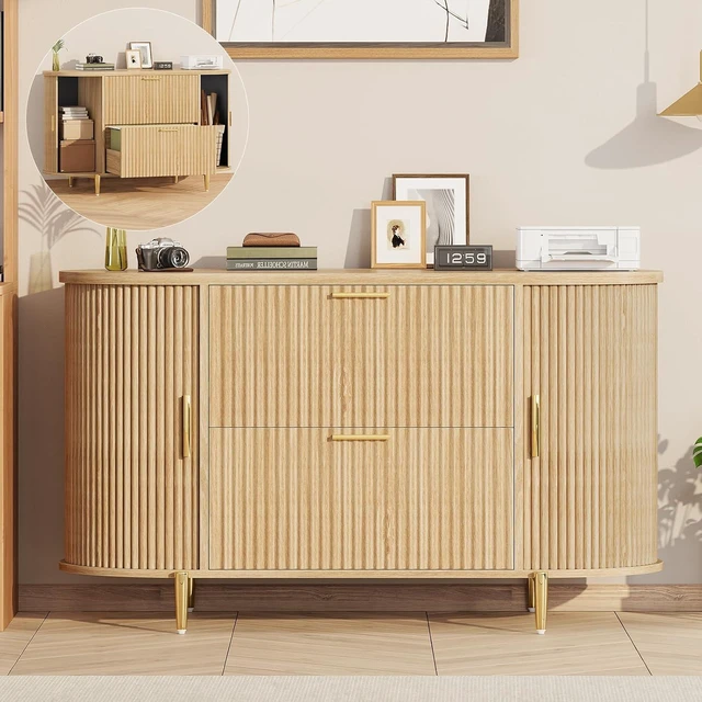Main image of Fluted 2 Drawer File Cabinet with 2 Sliding Doors for Home Office