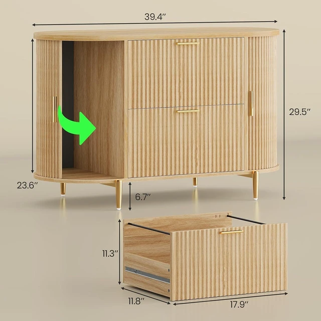 Alt view image 2 of 7 - Fluted 2 Drawer File Cabinet with 2 Sliding Doors for Home Office