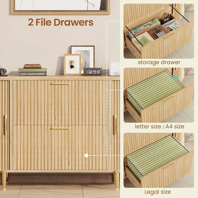 Alt view image 3 of 7 - Fluted 2 Drawer File Cabinet with 2 Sliding Doors for Home Office