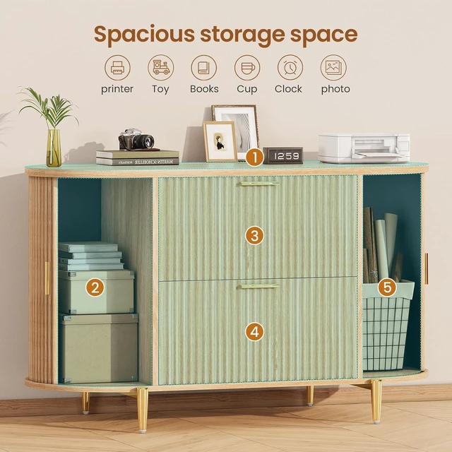Alt view image 4 of 7 - Fluted 2 Drawer File Cabinet with 2 Sliding Doors for Home Office