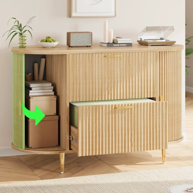 Alt view image 7 of 7 - Fluted 2 Drawer File Cabinet with 2 Sliding Doors for Home Office