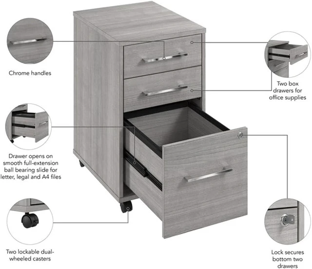 Alt view image 6 of 7 - Bush Business Furniture Studio C 3 Drawer Mobile File Cabinet in Natural Elm Assembled Rolling Document Storage for Home or Professional Office