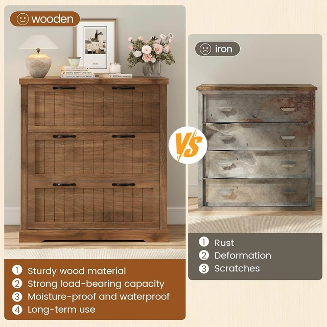 Alt view image 5 of 7 - 3 Drawer Farmhouse File Cabinet for Home Office, Brown