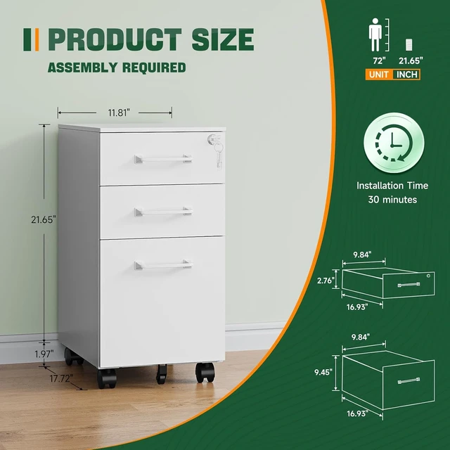 Alt view image 2 of 7 - 3 Drawer Mobile File Cabinet with Lock Under Desk Metal Cabinet, Small Rolling Printer Stand with Wheels for Letters/Legal/A4 (Assembly Required) (White)