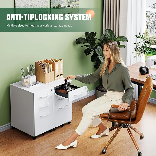 Alt view image 3 of 7 - 3 Drawer Mobile File Cabinet with Lock Under Desk Metal Cabinet, Small Rolling Printer Stand with Wheels for Letters/Legal/A4 (Assembly Required) (White)