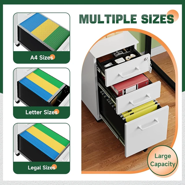 Alt view image 4 of 7 - 3 Drawer Mobile File Cabinet with Lock Under Desk Metal Cabinet, Small Rolling Printer Stand with Wheels for Letters/Legal/A4 (Assembly Required) (White)