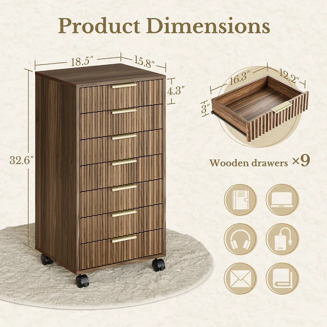 Alt view image 2 of 7 - Black Walnut 7 Drawer File Cabinet with Wheels