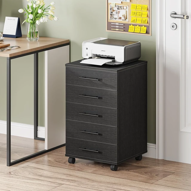 Alt view image 2 of 7 - 5-Drawer File Cabinet Wooden Storage Cabinet with Drawers & Wheels for Makeup, Home Office, Study, Easy Assembly, Black BK05WJ01