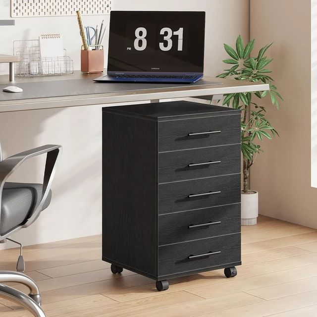 Alt view image 4 of 7 - 5-Drawer File Cabinet Wooden Storage Cabinet with Drawers & Wheels for Makeup, Home Office, Study, Easy Assembly, Black BK05WJ01