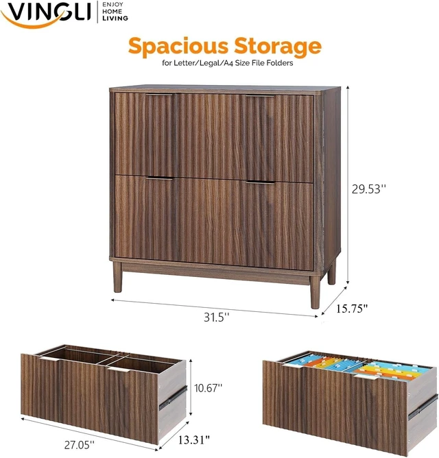 Alt view image 3 of 7 - 2 Drawer File Cabinet Modern Fluted Wood Lateral Filing Cabinet & Printer Stand, for Letter/Legal/A4 Files, Dark Walnut