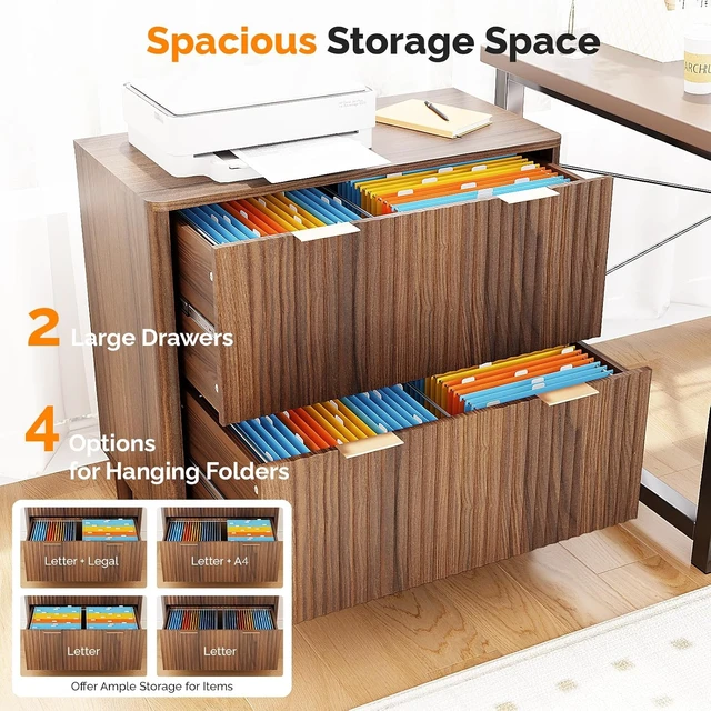 Alt view image 5 of 7 - 2 Drawer File Cabinet Modern Fluted Wood Lateral Filing Cabinet & Printer Stand, for Letter/Legal/A4 Files, Dark Walnut