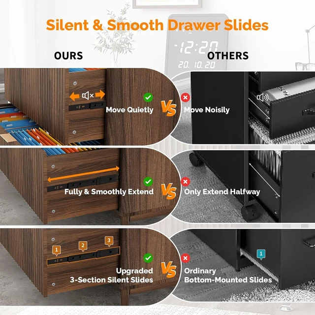 Alt view image 7 of 7 - 2 Drawer File Cabinet Modern Fluted Wood Lateral Filing Cabinet & Printer Stand, for Letter/Legal/A4 Files, Dark Walnut