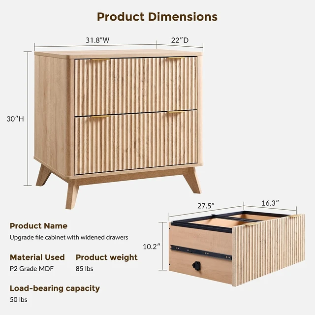 Alt view image 2 of 7 - 2 Drawer 31.8-Inch Fluted Lateral File Cabinet, Natural Oak