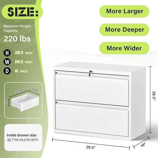 Alt view image 3 of 7 - Lateral File Cabinet with 2 Drawers 28" W Metal Lockable Cabinet for Legal/Letter/A4/F4 Files, Home Office (White)