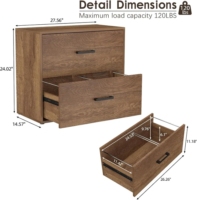 Alt view image 3 of 7 - File Cabinet, 2 Drawer Filing Cabinet for Letter/Hanging Files Large Wood Storage & Printer Stand, Brown