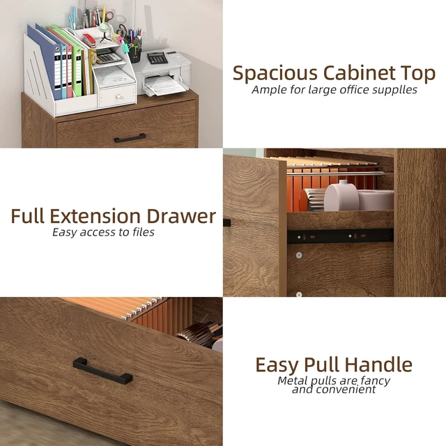 Alt view image 6 of 7 - File Cabinet, 2 Drawer Filing Cabinet for Letter/Hanging Files Large Wood Storage & Printer Stand, Brown