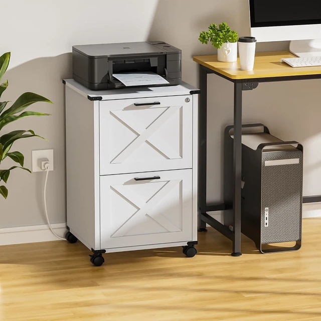 Main image of Small Wood 2 Drawer File Cabinet with Charging Station & Lock