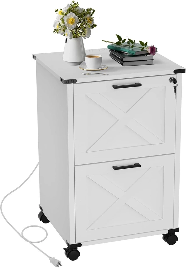 Alt view image 3 of 7 - Small Wood 2 Drawer File Cabinet with Charging Station & Lock
