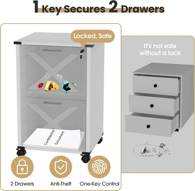 Alt view image 7 of 7 - Small Wood 2 Drawer File Cabinet with Charging Station & Lock