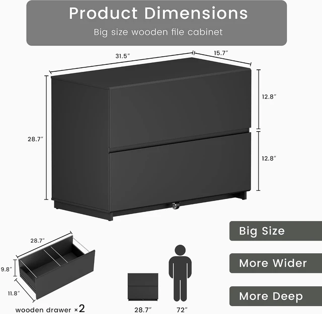 Alt view image 3 of 7 - 31.5" Lateral Wood Filing Cabinet with 2 Large Drawers, Black