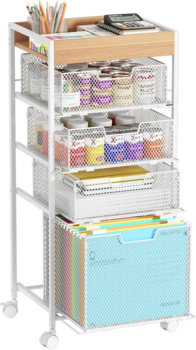 Main image of Rolling File Cart with Drawers 5 Tier Art Craft Rolling Organizer, Mobile Metal File Cabinet for Office & Home, White