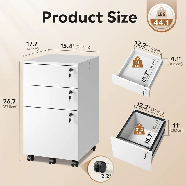 Alt view image 2 of 7 - White 3 Drawer Wood File Cabinet with Individual Locks