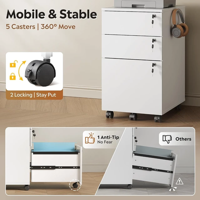 Alt view image 7 of 7 - White 3 Drawer Wood File Cabinet with Individual Locks