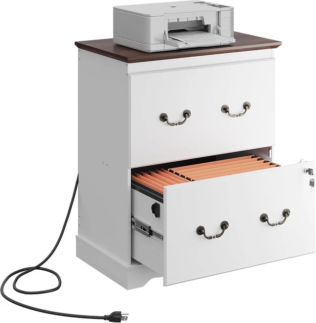 Main image of 2 Drawer File Cabinet with Charging Station & Lock Wood Lateral Printer Stand for Home Office Storage, White