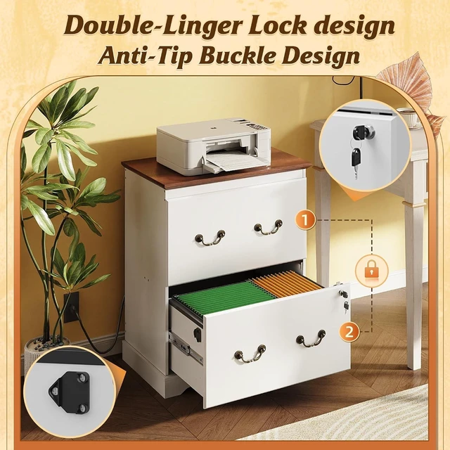 Alt view image 6 of 7 - 2 Drawer File Cabinet with Charging Station & Lock Wood Lateral Printer Stand for Home Office Storage, White