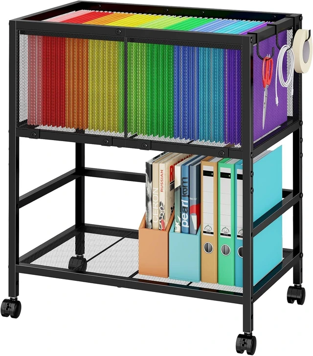 Main image of Rolling File Cart for Letter Size Metal Hanging File Organizer with Storage Shelf, 2-Tier Mobile with 360° Wheels & Hooks, Black