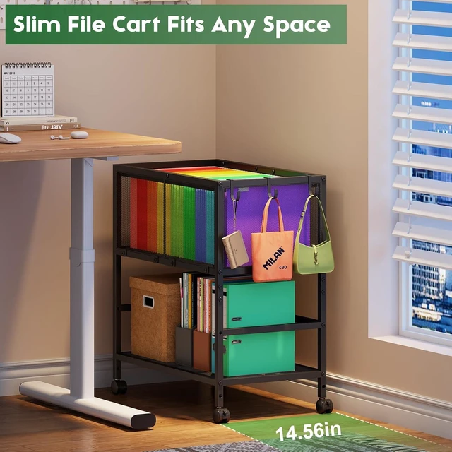 Alt view image 3 of 7 - Rolling File Cart for Letter Size Metal Hanging File Organizer with Storage Shelf, 2-Tier Mobile with 360° Wheels & Hooks, Black