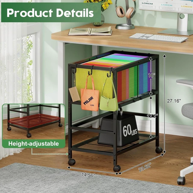 Alt view image 4 of 7 - Rolling File Cart for Letter Size Metal Hanging File Organizer with Storage Shelf, 2-Tier Mobile with 360° Wheels & Hooks, Black
